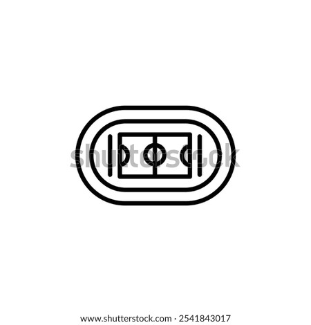 Soccer stadium icon. Simple line illustration showing a top view of a soccer field within an oval-shaped stadium. Ideal for sports-related designs, event and architecture projects. Vector illustration