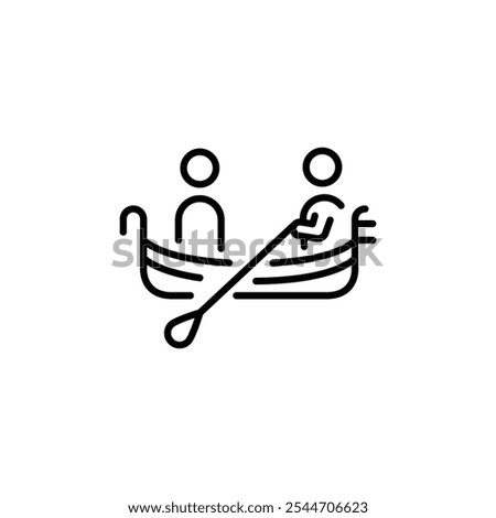 Gondola ride icon. Simple and minimal line art illustration of a gondola with a gondolier and a passenger. Perfect for travel, tourism related to Venice and Italian heritage. Vector illustration