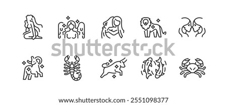 Zodiac icons. Set of 10 zodiac trendy minimal icons. Example: Aries, Gemini, Taurus, Cancer, Leo icon. Design signs for web page, mobile app, packaging design. Vector illustration.