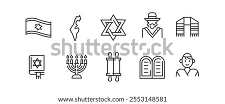 Israel icons. Set of 10 Israel trendy minimal icons. Example: Star of David, Dreidel, Menorah, Rabbi, Torah icon. Design signs for web page, mobile app, packaging design. Vector illustration