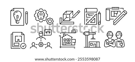 Engineering icons. Set of 10 engineering trendy minimal icons. Compass, Drafting Tool, Construction Worker icons. Design signs for web page, mobile app, technical documentation. Vector illustration