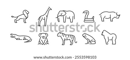 Exotic Animal icons. Set of 10 trendy minimal animal icons. Example: Lion, Giraffe, Tiger, Snake, Gorilla icons. Design signs for web page, mobile app, packaging design. Vector illustration.