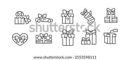 A set of 10 versatile gift-related icons, encompassing various forms of presents, such as wrapped boxes, gift cards, shopping incentives, and puppies and cars with bows. Vector illustration