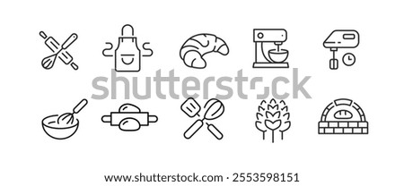 Bakery icons. Set of 10 bakery trendy minimal icons. Example: Oven, Open Sign, Cake, Whisk, Croissant icon. Design signs for web page, mobile app, packaging design. Vector illustration.