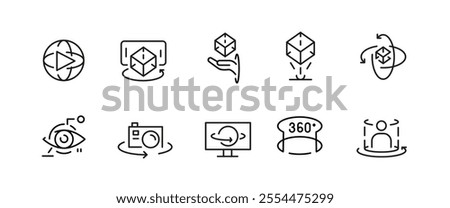 Sd icons. Set of 10 virtual reality trendy minimal icons. VR headset, AR goggles, 360 view, simulation icon. Design signs for web page, mobile app, packaging design. Vector illustration