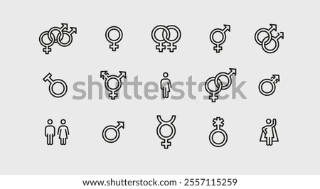 Gender symbols icons. Set of 15 trendy minimal gender-related icons. Example: Male Symbol, Female Symbol, Intersex, Gender Equality icons. Design signs for web page, infographics. Vector illustration