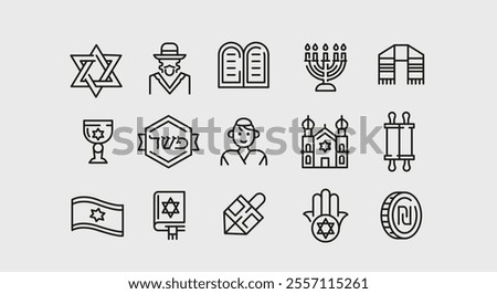 Israel icons. Set of 15 Israel trendy minimal icons. Example: Star of David, Dreidel, Menorah, Rabbi, Torah icon. Design signs for web page, mobile app, packaging design. Vector illustration