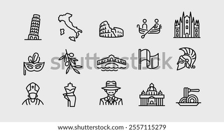 Italy icons. Set of 15 trendy minimal icons representing iconic symbols of Italy. Example: Leaning Tower of Pisa, Vespa, Coliseum, Gondola, Pizza slice. Perfect for travel guides. Vector illustration