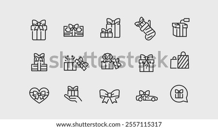 A set of 15 versatile gift-related icons, encompassing various forms of presents, such as wrapped boxes, gift cards, shopping incentives, and puppies and cars with bows. Vector illustration