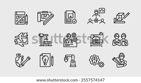 Engineering icons. Set of 15 engineering trendy minimal icons. Compass, Drafting Tool, Construction Worker icons. Design signs for web page, mobile app, technical documentation. Vector illustration