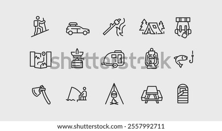 Camping icons. Set of 15 trendy minimal camping icons including Fire, Tent, Axe, Lantern, Backpack icon. Design signs for web page, mobile app, packaging design. Vector illustration.