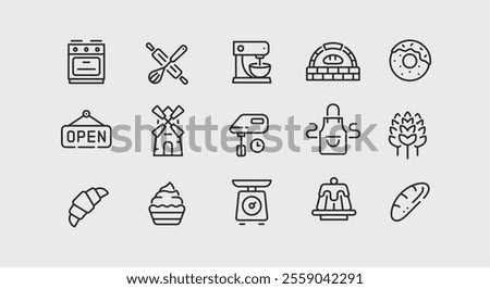 Bakery icons. Set of 15 bakery trendy minimal icons. Example: Oven, Open Sign, Cake, Whisk, Croissant icon. Design signs for web page, mobile app, packaging design. Vector illustration.