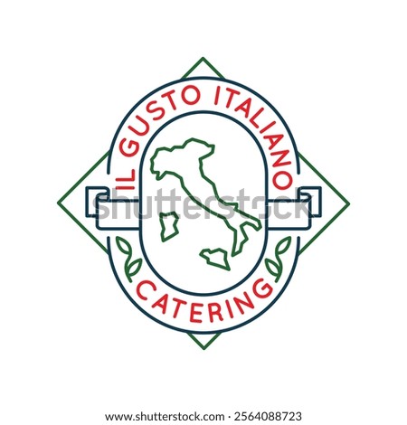 Simple Logo with Gusto italiano catering icon. Simple Logo with the country of Italy, including its islands. Ideal for travel guides, tourism materials, geography Italian designs. Vector illustration