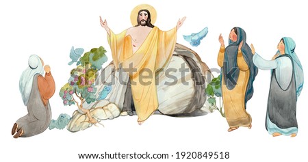 
Easter illustration Jesus Christ is risen, isolated on white background watercolor hand drawn praying women and cave of resurrection. Easter print, publication, banner. Religious church background