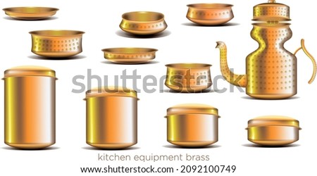 Set of copper cooking kit on table in kitchen 