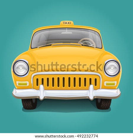 Retro yellow taxi. Front view. Illustration of the vintage car. The beautiful details. Good varnish covering.