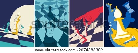 Collection of posters with chess pieces. Placard designs in doodle style.