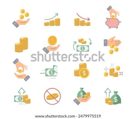 Money activities icon collection illustrate with colorful style, including coin, dollar bill and saving