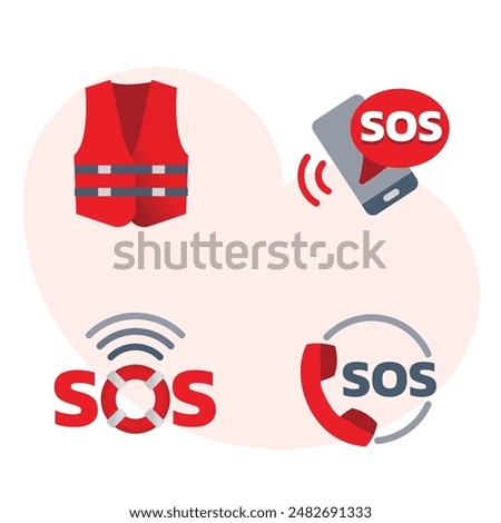 SOS icon set illustrate with various action in red and grey cartoon style