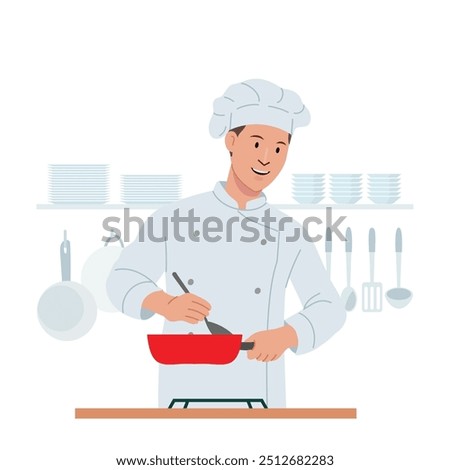 Chef character illustrate with happy face and smile, cooking action with chef uniform. Flat vector style character. Food industry field.