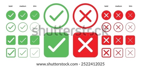 Check mark icon illustrate with right or wrong icons, green tick and red cross checkmarks, yes or no sign, true or false icon and approved or rejected icon. Flat vector illustration.