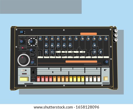 Legendary synthesizers in vector. Groove box, drum machine and synthesizer. Synthesizer analog sound. Synthesizers for applying to a t-shirt. Materials for DJ posters. For drawing the image on the bag Сток-фото © 