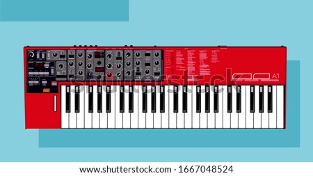 Vector detailed synthesizer. Nord lead A1 illustration. Red synthesizer. Black and white keys in vector. Concert Equipment. For an artist rider. Image to print. Vector for t-shirts, bags smartphone. 