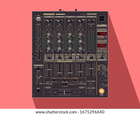 Realistic vector DJ mixer.  Image for application on a smartphone case. Nightlife theme. Illustration for t-shirts. Legendary DJM model of musical equipment. Popular equipment for electronic music.