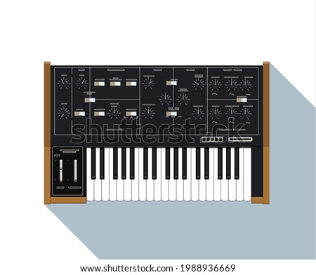 Realistic compact analog synthesizer with wood finish. An old electronic piano. Musical equipment. A device for creating sounds. Electronic music theme. Night life. Warm synth sound. A piece interior.