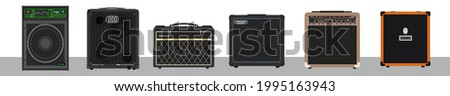 Set of bass and guitar amplifiers and speakers. Concert equipment. Material for rider of artist-musician. Rehearsal combo. Music studio theme. Guitar monitoring. Portable monaural speaker system. 