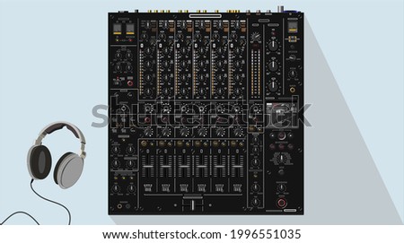 Realistic top-end modern DJ mixer in vector. Multi-channel device. Material for playbill and poster. EQ faders and buttons. Equipment type DJM V10. Themes of night clubs. To be applied to T-shirt. 