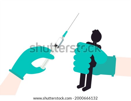 Compulsory vaccination, vector illustration. A picture for those who are afraid of universal vaccinations. Syringe in hand, man in fist. Pandemic theme. Anti covid. An illustration of mistrust.
