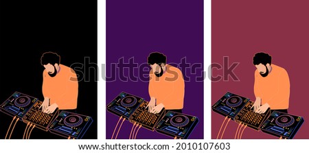 DJ plays music. Vector illustration for banner, poster, postcard. Set with different backgrounds. DJ equipment at night. mixing console and CDj players. Club flyer theme.