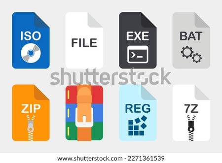 Vector icons various formats, such as: iso, file, exe, bat, zip, rar, reg, 7z.