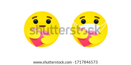 Care reaction emoji vector, Social media emoticon wearing face masks to protect PM2.5 and COVID-19. Emoji face embracing the heart. Face masks emoticon. Kindness, encourage emoji.
