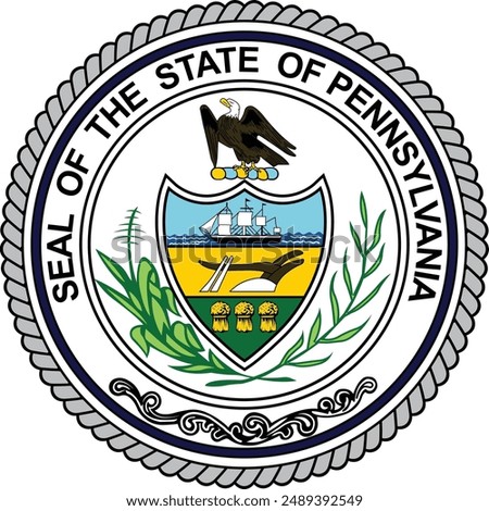 This high-quality vector file features the official Seal of the State of Pennsylvania, meticulously crafted to represent the state's heritage and values. The seal includes key elements such as