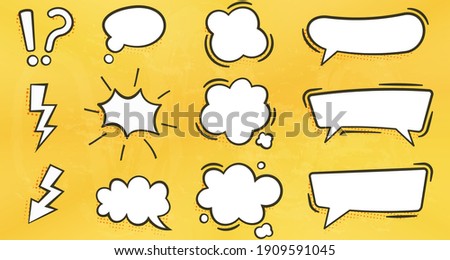 bubble text box for comic with yellow wall texture background, various shapes of flat empty bubble abstract icons. elements for posters, cards, banners, flyers.