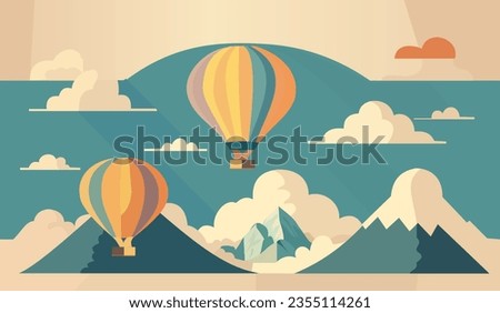 2d hot air balloon,  Cute and adorable retro colorful hot air balloon in sketch style, mountain background, surrealism, super cute, trending on artstation, 2D, flat vector,