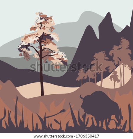 
Vector landscape of fields with bison in calm colors
