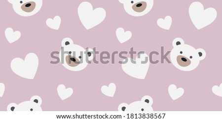
Seamless pattern. Cute bear face and heart on a pink background. Pattern for children's fabrics, products, backgrounds, packaging.