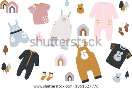 
Set of vector illustrations of baby clothes. Newborn baby outfit flat icons. Little girl and boy clothes cartoon elements. Bodysuit, jumpsuit, T-shirts, shorts, socks. Children's fashion collection.