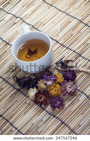 Cup of hot tea on japan wooden mat background