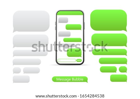 Smartphone with green Message bubbles icons for chat. Vector message bubbles design template.