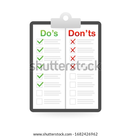 Do's and Don'ts list on paper. Vector illustration isolated on white background.