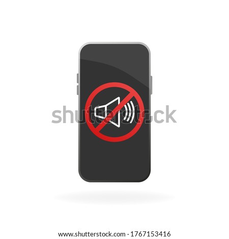 Flat icon with black no sound smartphone on white background for concept design. Smartphone display. Vector mobile device concept.