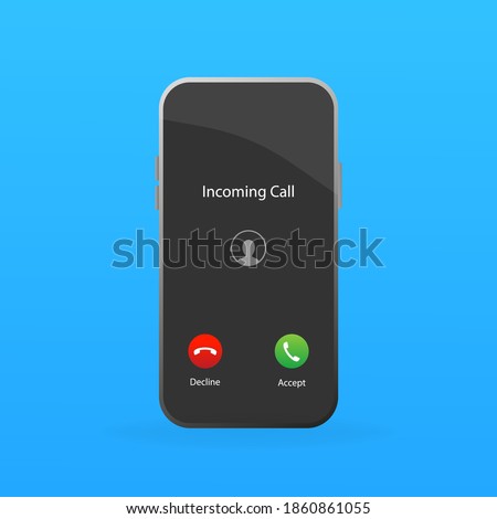 Incoming call in flat style vector. Accept button, decline button. Black background. Vector flat design. Call screen mockup.