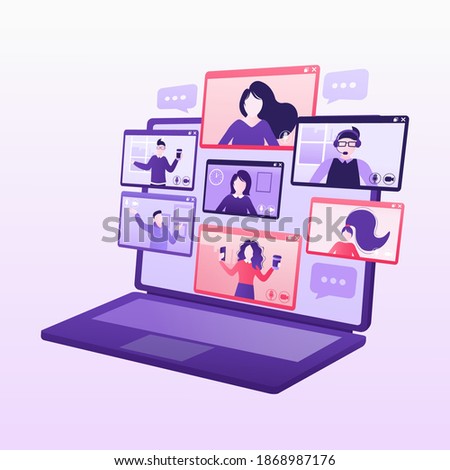 Flat illustration. Video conference. Video call between friends, chatting online by mobile app. Stay at home, work, communication remotely. Vector illustration.