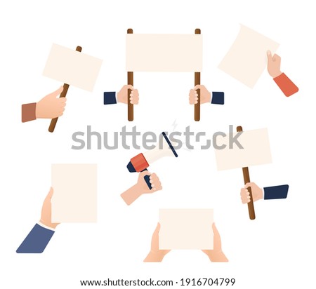 Hands with empty placard. Flat character. Vector flat design. Poster banner design. Female hand. Game sign.