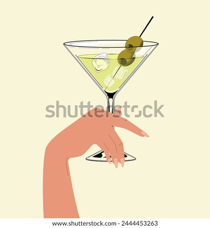 Martini glass with olives. Hand drawn alcohol cocktail with hand. Retro style. Vector illustration