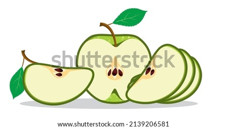 Apple green slices. Sliced juicy apple. The fruit lies on a white surface and casts a shadow. Granny Smith